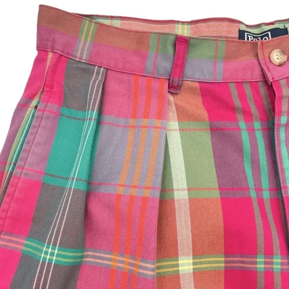 Vintage Polo by Ralph Lauren Mens Madras Plaid Shorts, Pleated, Size 33